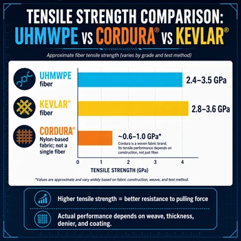 What is the tensile strength comparison between UHMWPE, Cordura, and Kevlar f...